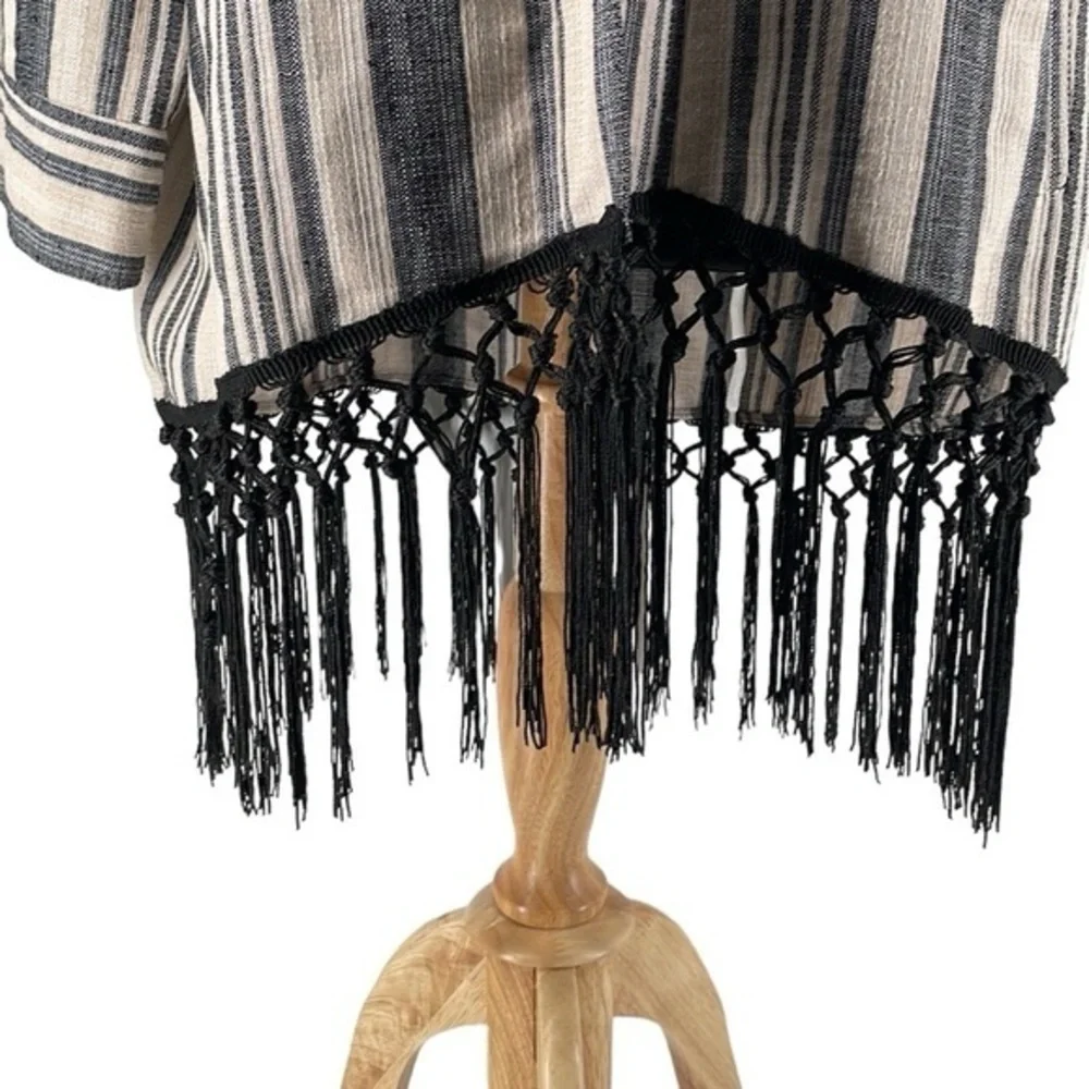 Zara Ecru Neutral Striped Boho 3/4 Sleeves Fringe Kimono festival Jacket sz sm - Picture 6 of 11